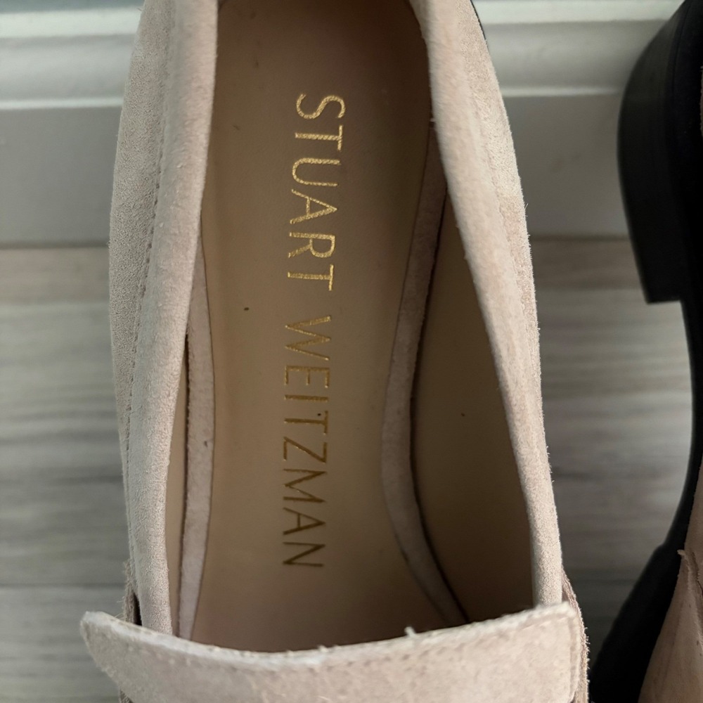 Stuart Weitzman Palmer Beige Suede Penny Loafers Lug Sole Shoes Womens - Picture 4 of 16
